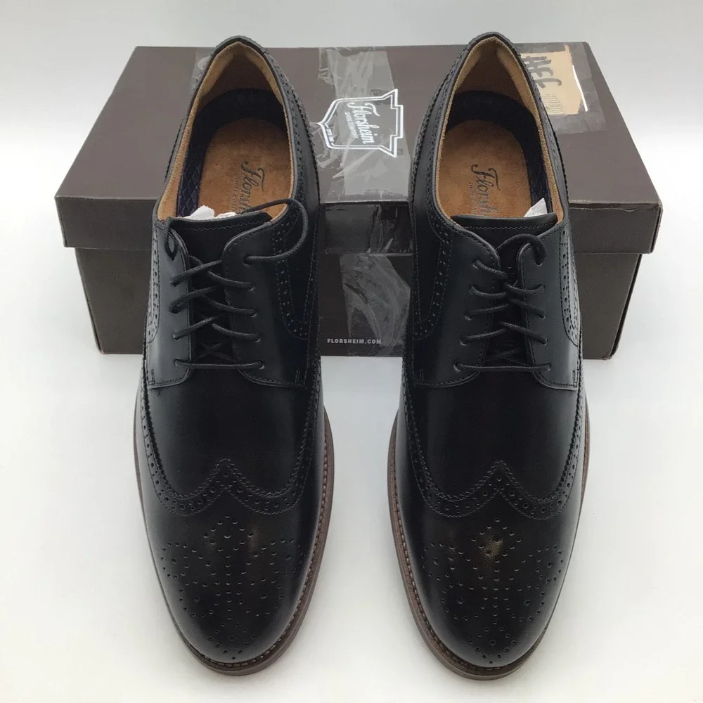 Florsheim Rucci Mens Black Leather Wingtip Oxford Shoes 13383-001 Size 12 W NEW